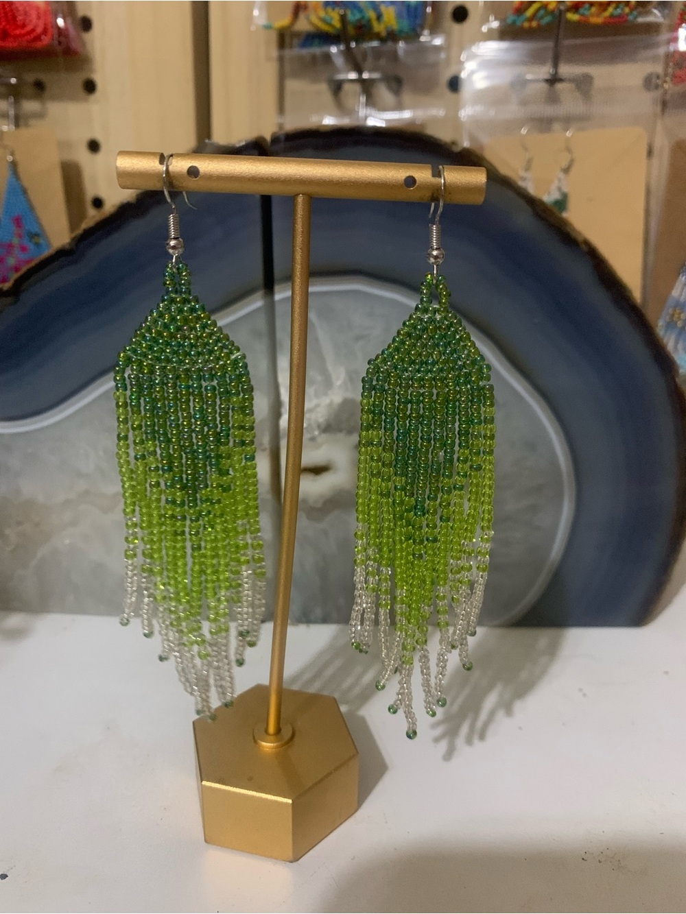 Handcrafted Green Beaded Fringe Earrings